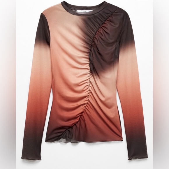 Mango Tops - Mango Ombre Ruched Long Sleeve Top in Rust and Brown